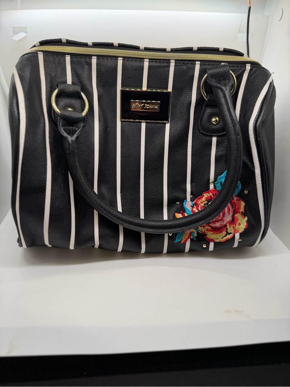 Betsey Johnson Black & White Striped Satchel with Floral Embroidery